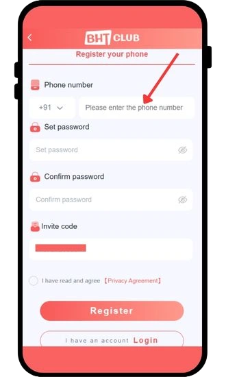enter mobile number to register